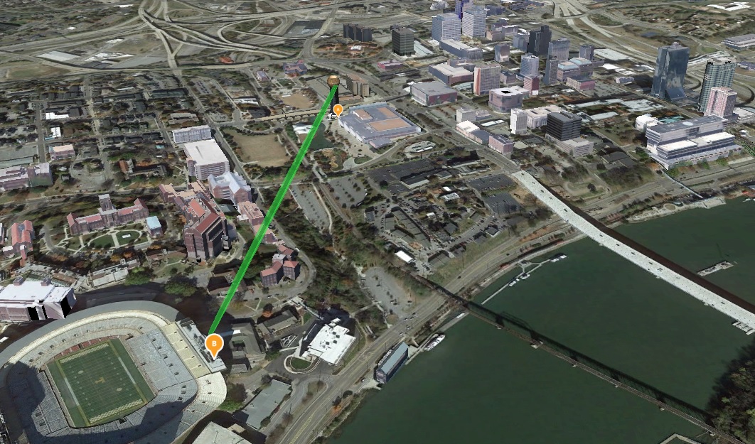 Wireless backhaul link path from Neyland Stadium to a rooftop site in downtown Knoxville, TN, designed and installed by ProvideWireless